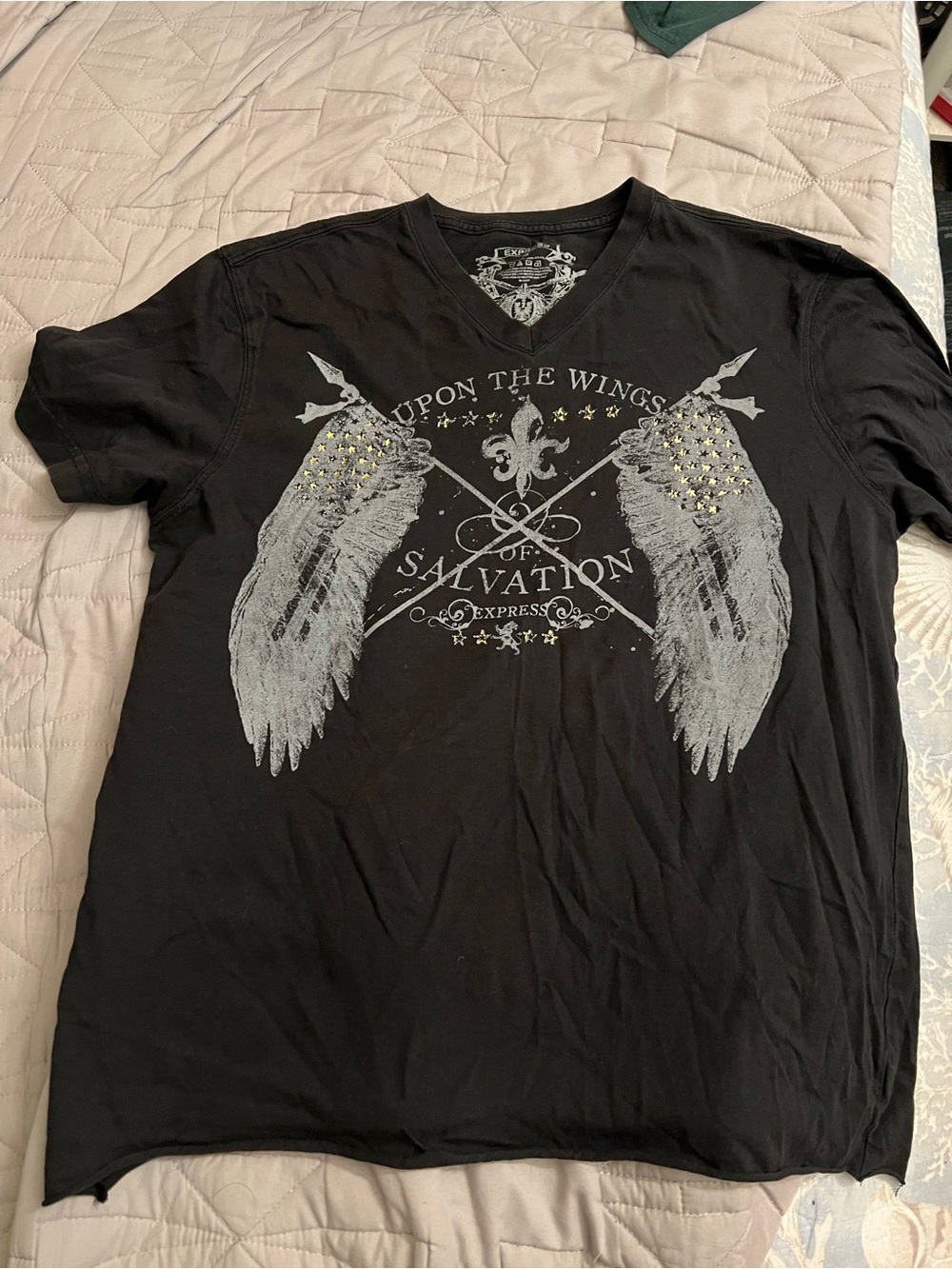 Express Wings Fleur De Lis Gold Stars Grey Shirt Mens Medium